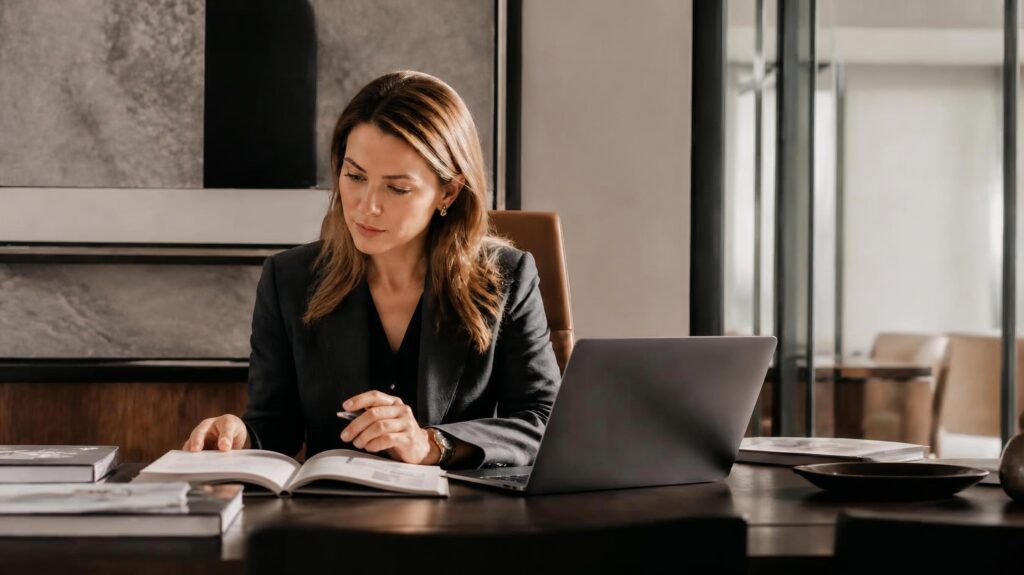 Reputația digitală precedă avocatul Avocat senior într-un birou contemporan, analizând profilul său profesional digital.